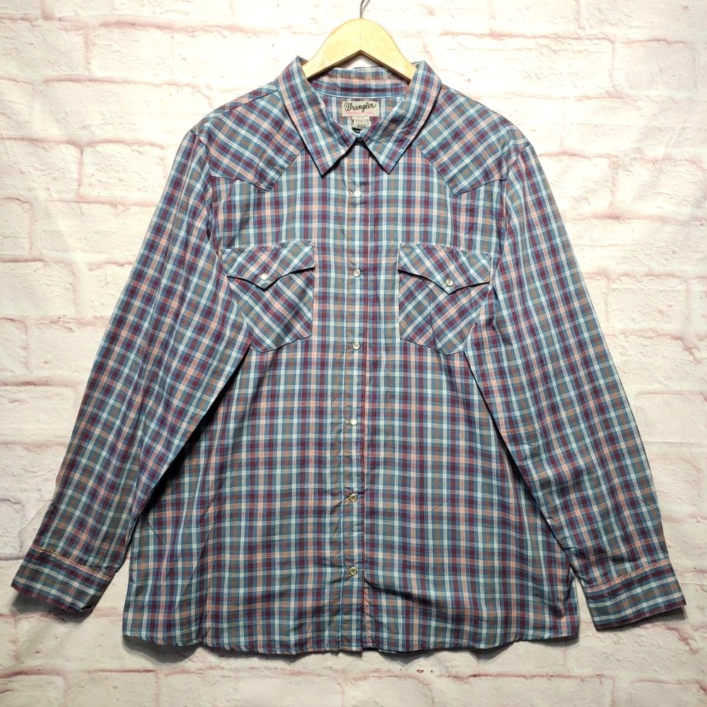 Wrangler Wrancher Shirt Mens 2XL Blue Plaid Western Pearl Snap Long Sleeve